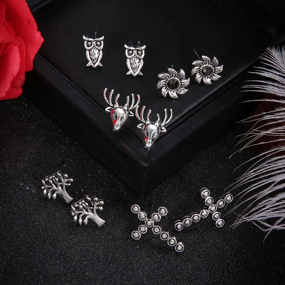 5 пар/лот Бохо сова крест лося солнце дерево маленькая серьга Комплект сережек