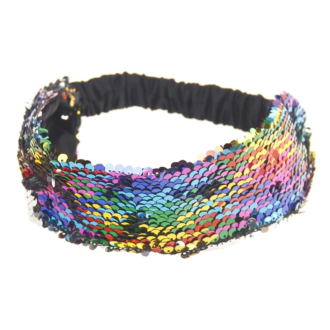 Повязка на голову женская двусторонняя с блестками из пайеток рыбьего хвоста, перевертыш, эластичный аксессуар для волос.