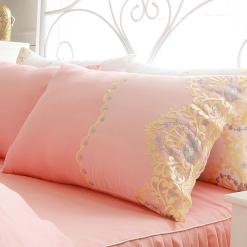 Корейский розовый кружевной комплект постельного белья с пододеяльником и юбкой