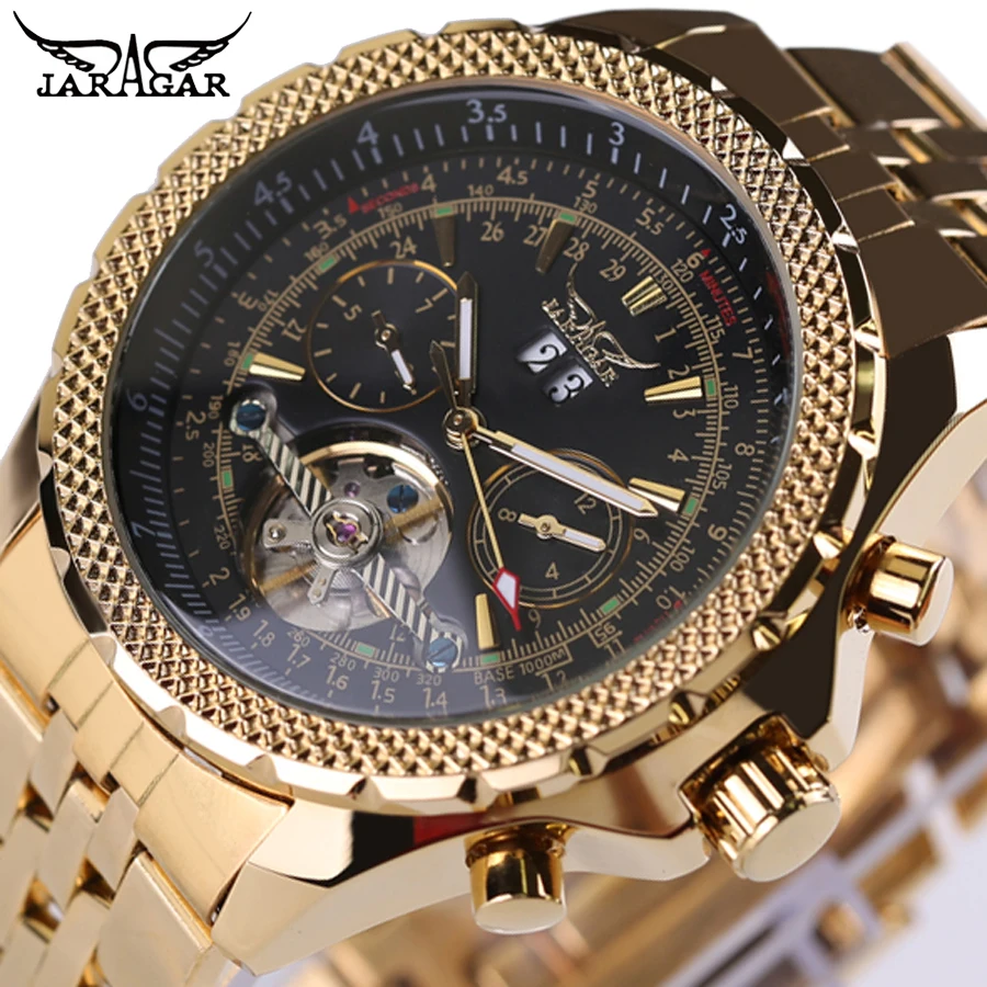 Часы JARAGAR Мужские механические брендовые роскошные золотые автоматические из