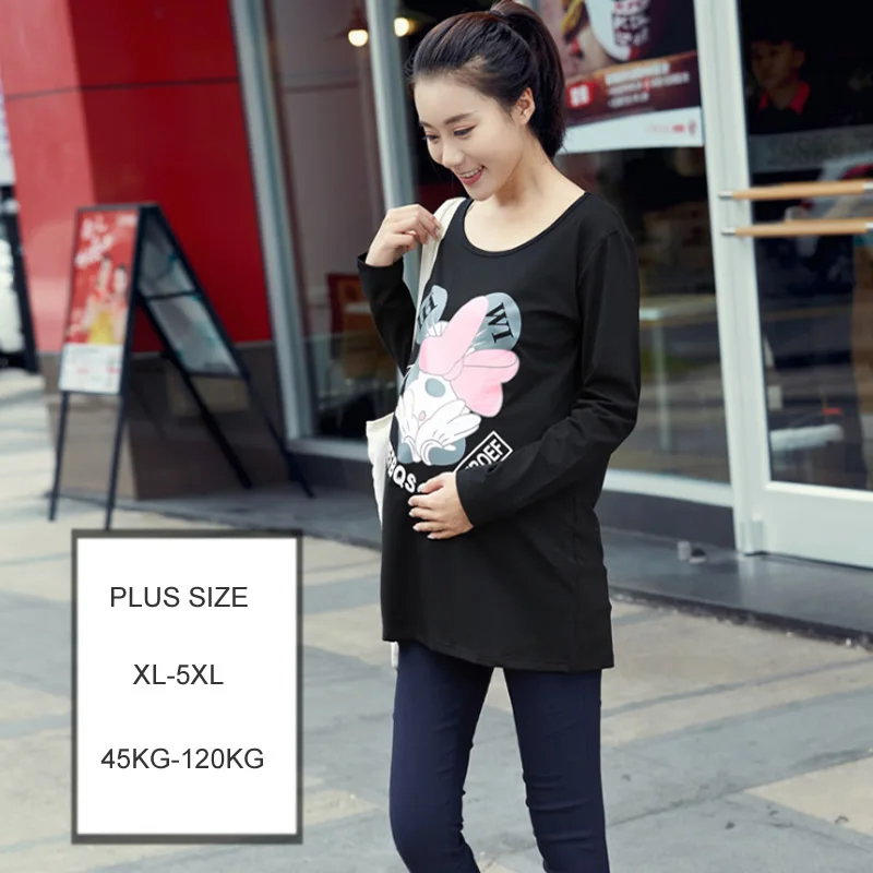 

Maternity tops 5XL Plus size Loose T shirt Pregnant clothes Cute printed Long sleeve Woman tee Loose soft cotton 120KG can wear
