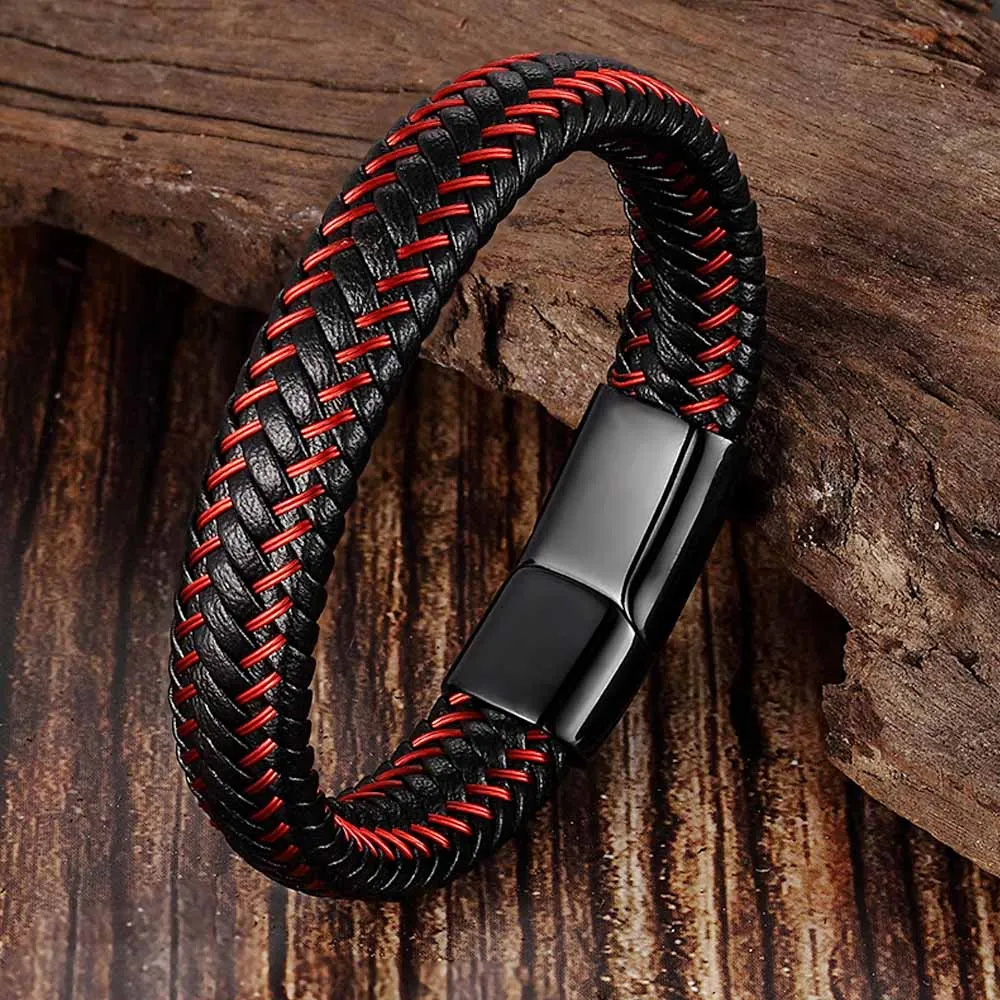 

Trendy Men Jewelry Red Braided Leather Rope Bracelet Black Magnetic Buckle Bracelets Punk Men Wrist Band Pulsera Hombre