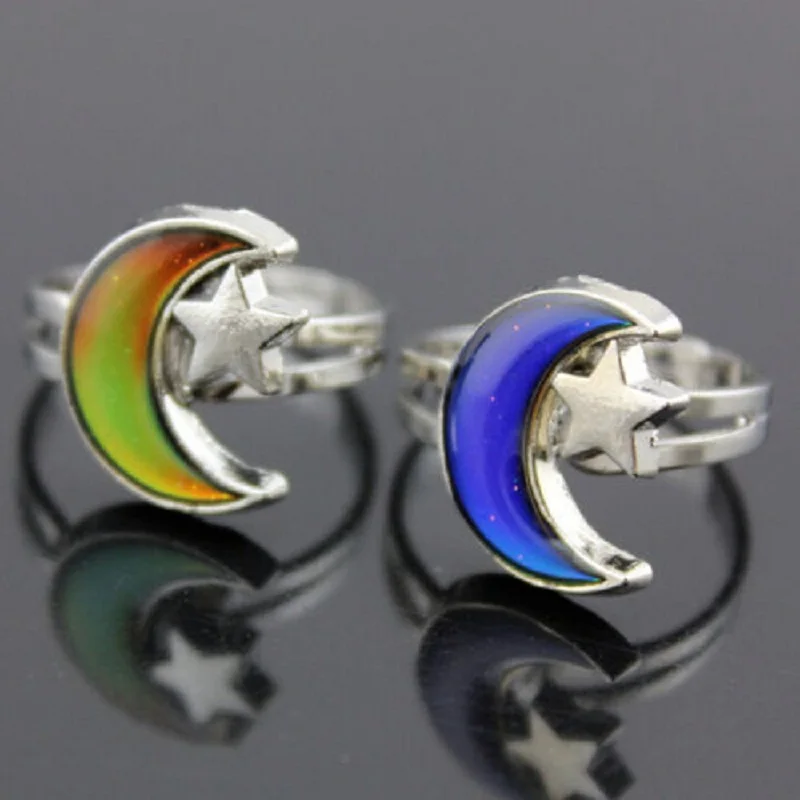 

Fashion Jewelry Moon and Star Shape Color Change Mood Ring Emotion Feeling Changeable Band Adjustable