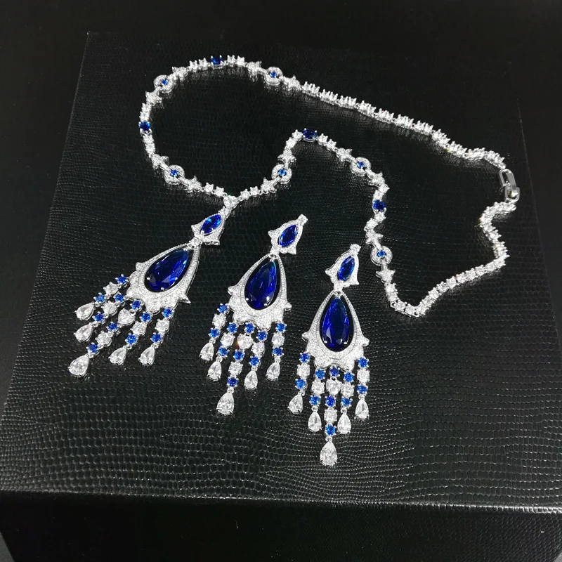 

2019 new fashion luxury elegant popuplar retro blue tassel CZ necklace earring set,wedding bride dinner party formal jewelry set
