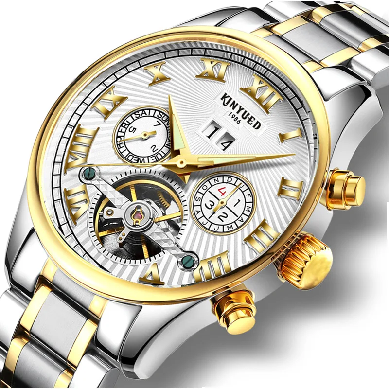 Kinyued Бизнес Деловые часы Для мужчин S Skeleton Tourbillon автоматические часы Для мужчин золото Сталь Календари Водонепроницаемый Relojes HOMBRE