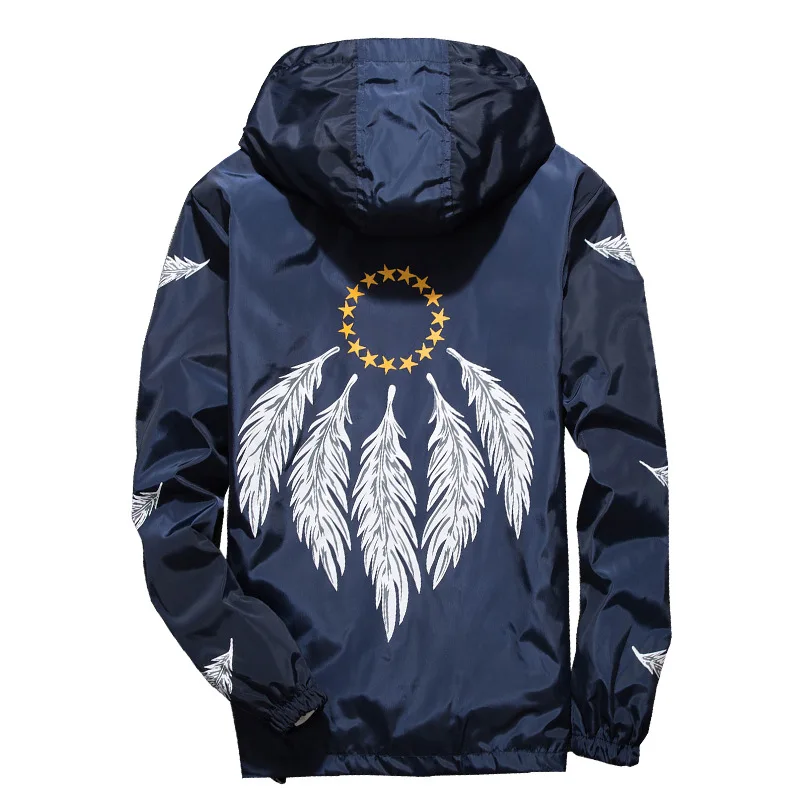 Bomber Jacket Feather Print Thin Slim Long Sleeve Jackets Hooded Windbreaker Zipper Outwear Brand Clothing L202 | Мужская одежда