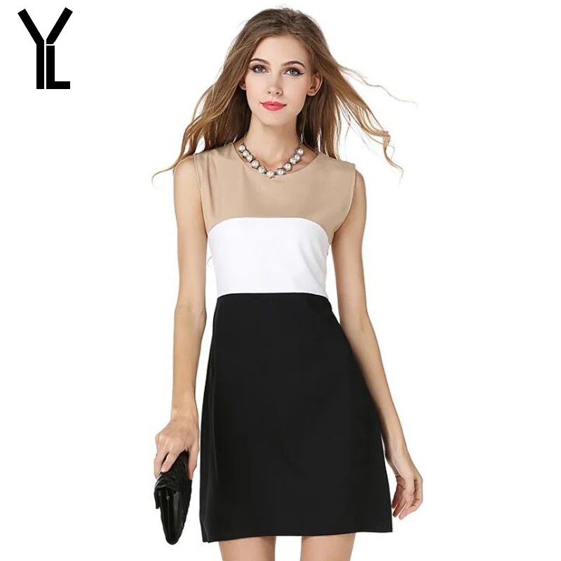 Женское платье с круглым вырезом повседневное трехцветное без рукавов мозаикой