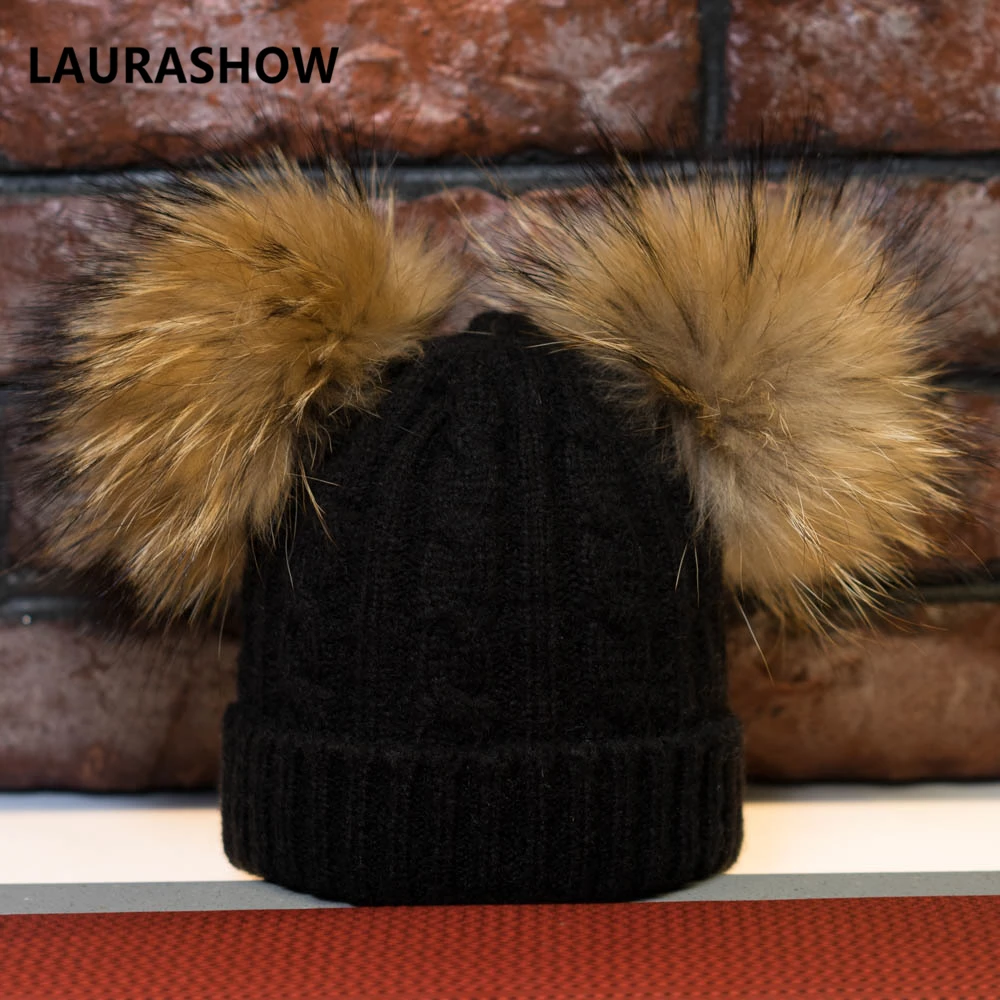LAURASHOW/шапка с двойным меховым помпоном для мамы и ребенка, шапка с помпонами из норки и енота, зимняя теплая шапка для женщин и девочек, Вязаная Шапка-бини, вязаная шапка