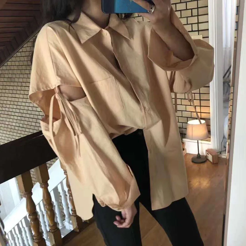 WHITNEY Ван 2019 демисезонный модная уличная BF стиль с кружево до рукавом Oversize блузка