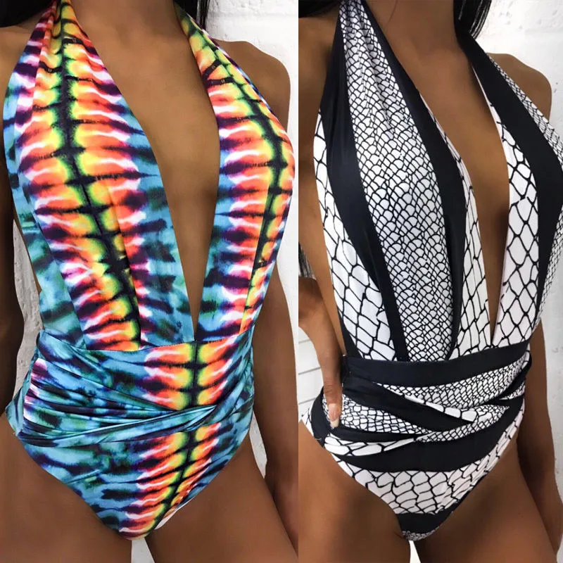 Глубокий v-образный вырез сексуальный женский цельный купальник с высокой талией