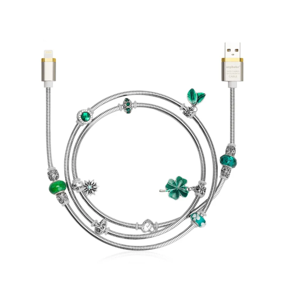 (Зеленый) пружинный USB-кабель для быстрой зарядки с инкрустацией стразами iPhone 8 7 6