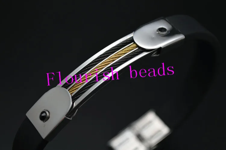 

Cool Style Black Square Wide Leather Silicone Cord Stainless Steel Metal Charm Wrapped Chains Fashion Man Bracelet