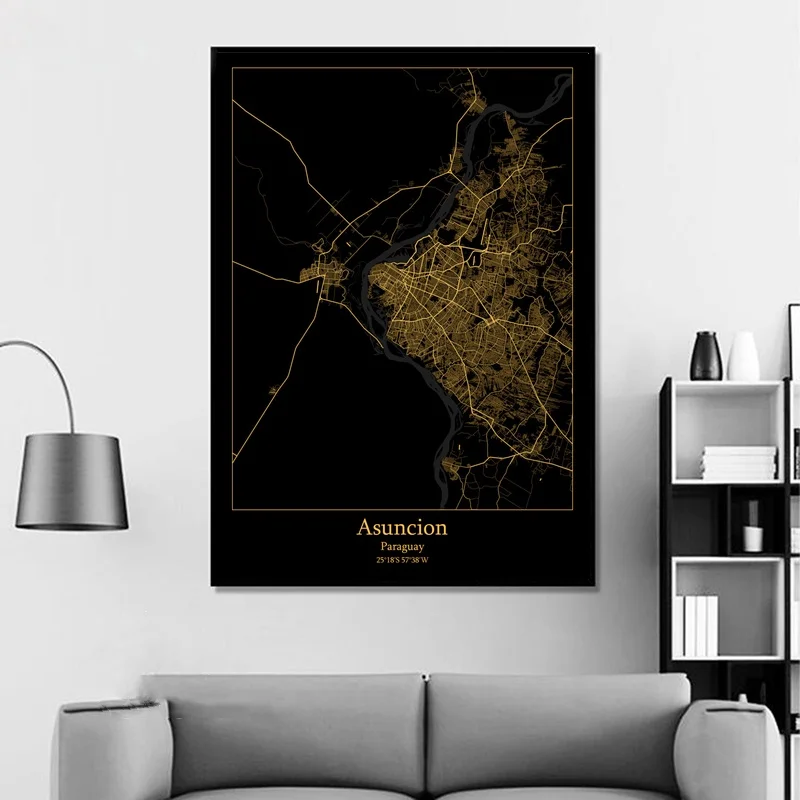 Astana Kazakhstan Asuncion Paraguay Athens Greece Modern City Gold Map Canvas Art Print Home Room Decor Poster | Дом и сад