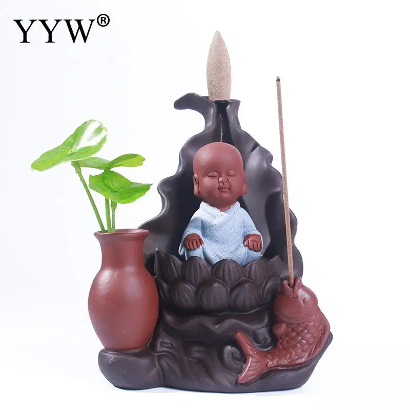 

Cute Monk Backflow Incense Burner Holder Waterfall Incense Stick Cones Holder Ceramic Creative With Vase Burner Aromatic Censer