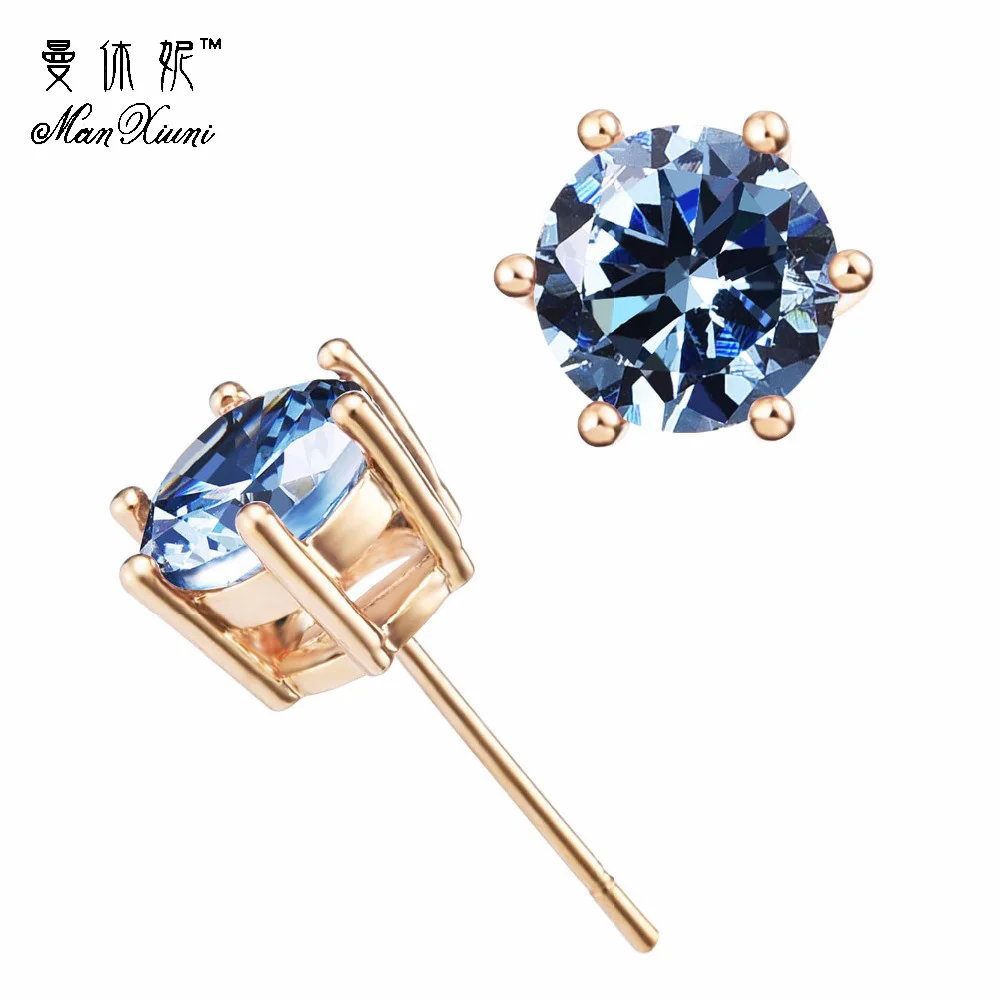 Женские золотистые серьги гвоздики с разноцветными кристаллами и цирконием