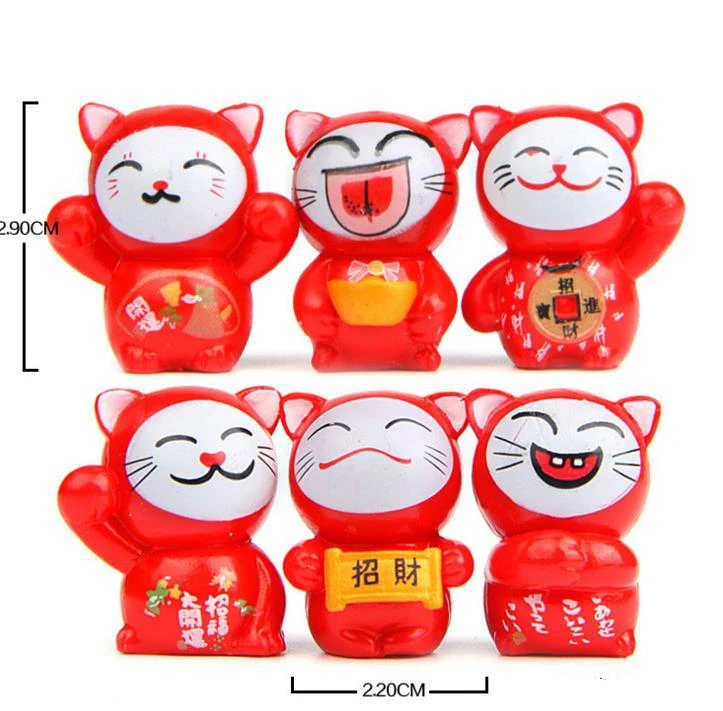 6 шт. Kawaii Мультфильм Lucky Cats микро пейзаж котенок фэн-шуй для дома садовые украшения миниатюры украшения подарок - Цвет: Красный
