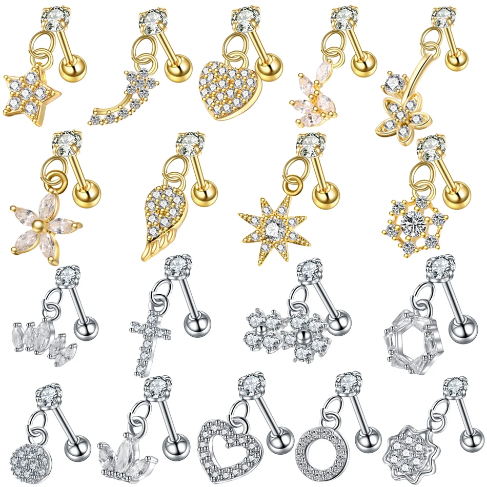 

1PC Steel Dangle Ear Tragus Cartilage Piercing Heart CZ Crystal Tragus Ear Piercing Plug Daith Earring Helix Cartilage Studs