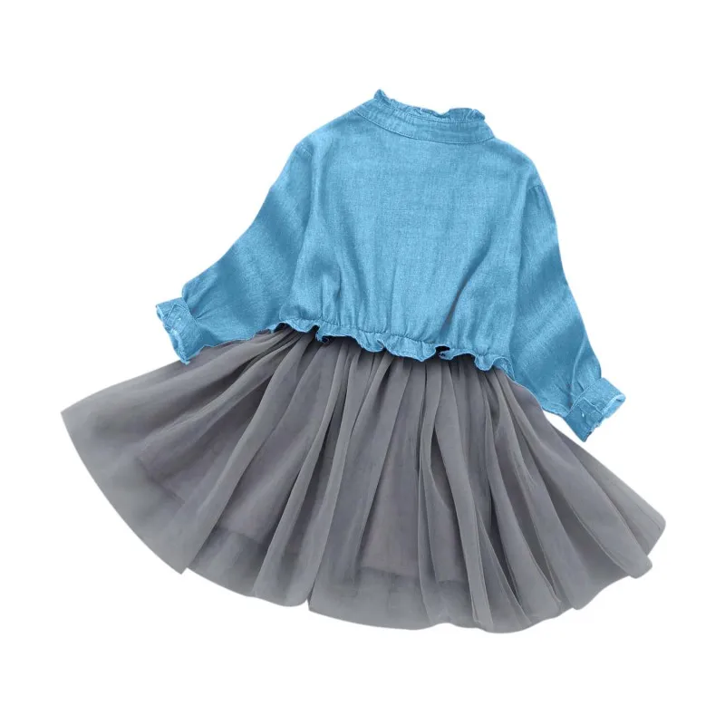 Full Sleeve Toddler Kids Dress Girl Spring Autumn Denim Mesh Patchwork Princess Comfortable For Dressing | Детская одежда и обувь