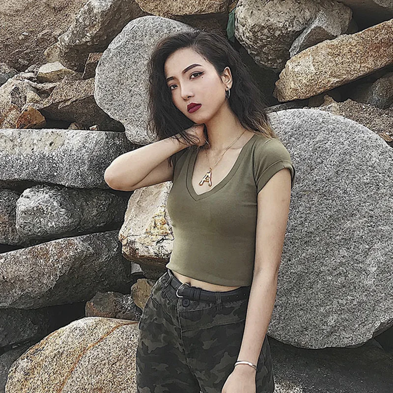 Женский Трикотажный Хлопковый укороченный топ с коротким рукавом и V-образным