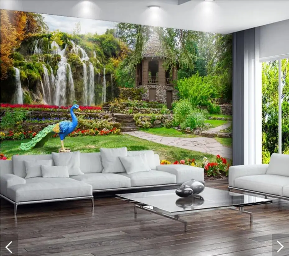 

3 d Green Nature Peacock Waterfall Wallpaper Murals for Living Room Garden Wall Paper 3D Printed Photo Wallpapers Mural Floral