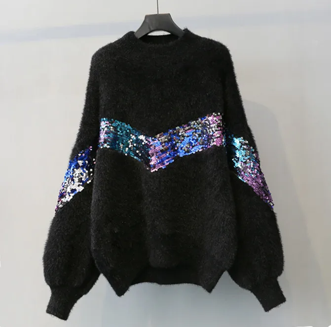 HAMALIEL 2018 Winter Women Thick Lantern Sleeve Mohair Sweaters Fashion White Patchwork Sequin Knitted Casual Loose Pullover | Женская