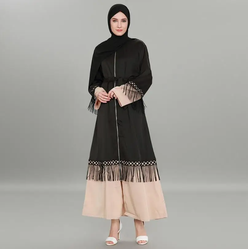 

2021 fashion Tassel stitching Muslim dress women zipper Abaya Middle East Long Robe Ramadan Dubai Arab Islamic Clothing a765