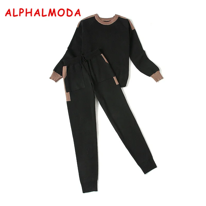 Женский комплект одежды ALPHALMODA вязаные штаны и свитер Пуловеры с круглым вырезом