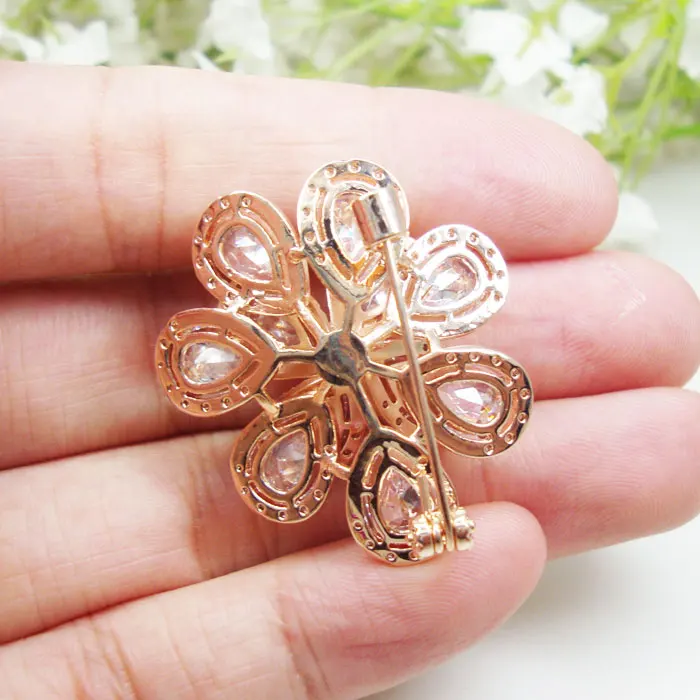 Rose Gold Tone Clear Rose Flower Brooch Pin Rhinestone Crystal Bridesmaid