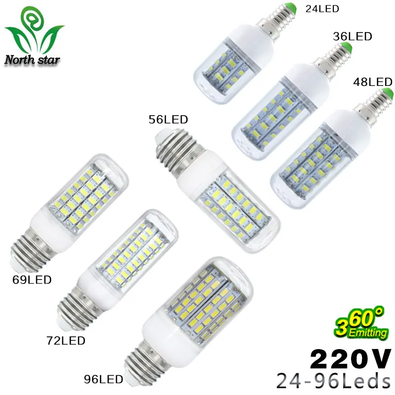 10 шт./лот E27 светодиодные лампы E14 SMD5730 220 В кукурузы 24 36 48 56 69 72leds люстра Свет Свечи