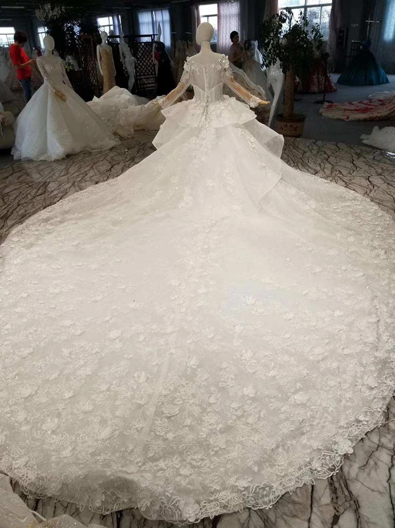 LSS075 free shipping beauty wedding gown o-neck long sleeve ball petal 3D flowers vestido elegante mujer para invitada boda | Свадьбы и