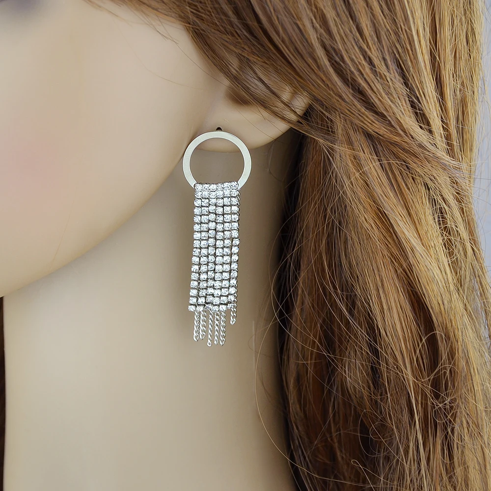 Silver Color Statement Earrings with Full Rhinestone Circle Long Chain Tassel Drop Luxury Brand Women Jewelry Bijoux | Украшения и