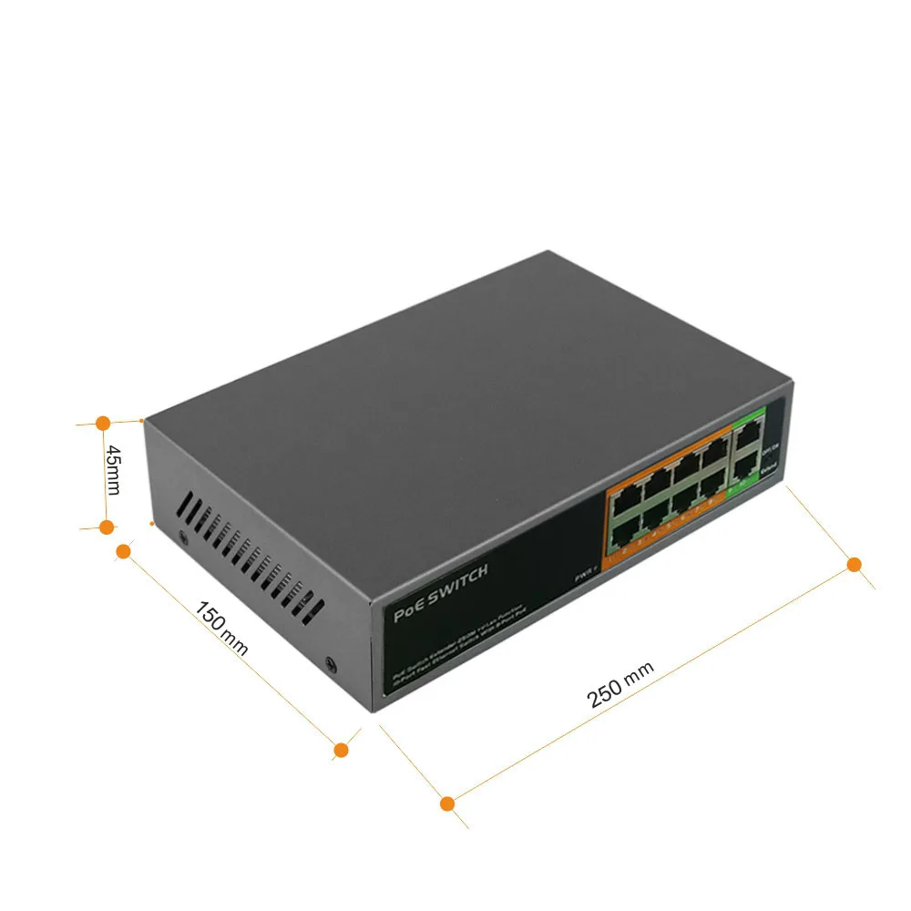 10-портовый POE коммутатор с 8 портами PoE 10/100 Мбит/с стандарт IEEE802.3af/at для IP-камеры |