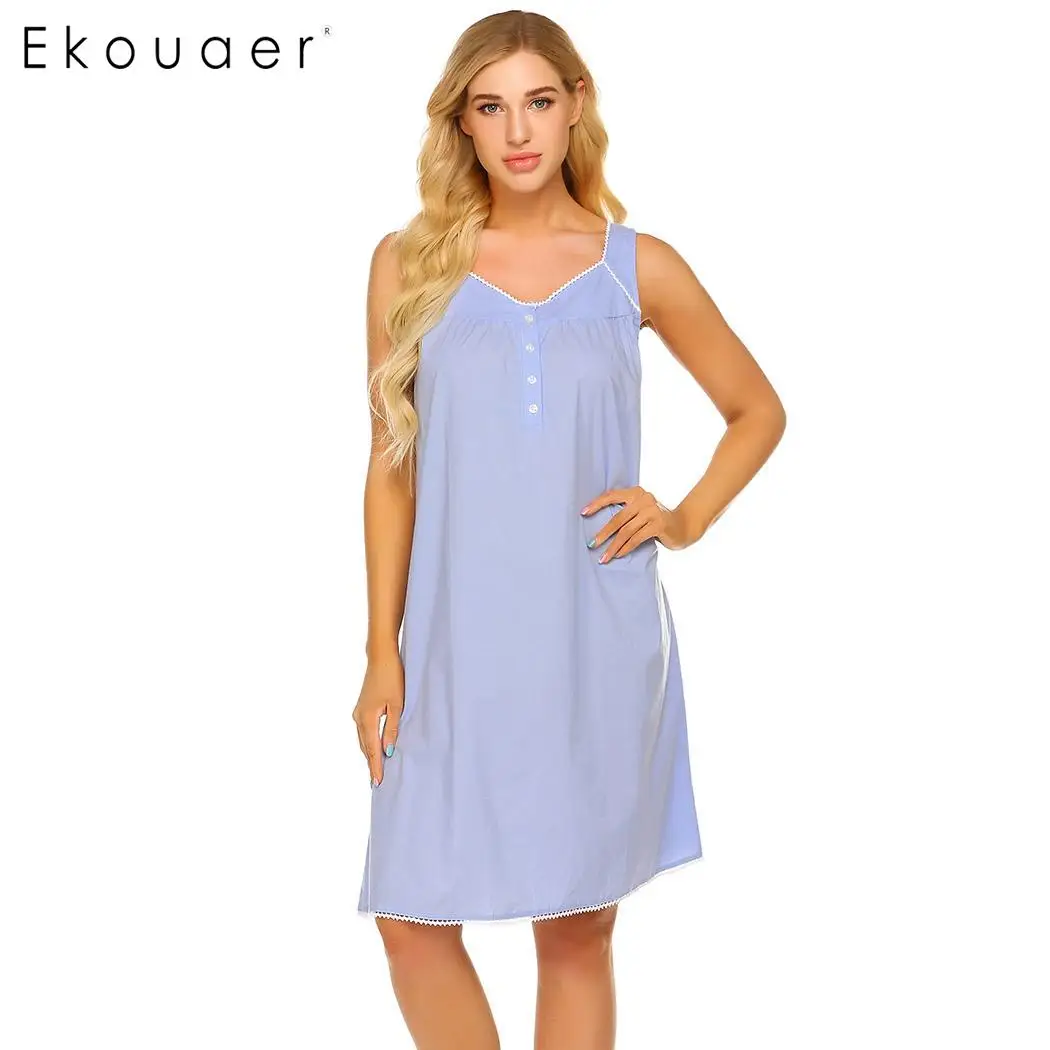 light blue Ekouaer женская летняя одежда для сна хлопковое Ночное платье Ночная рубашка на бретелях без рукавов с v-образным вырезом плиссированная свободная Ночная Рубашка домашняя одежда ночные рубашки - Цвет: light blue