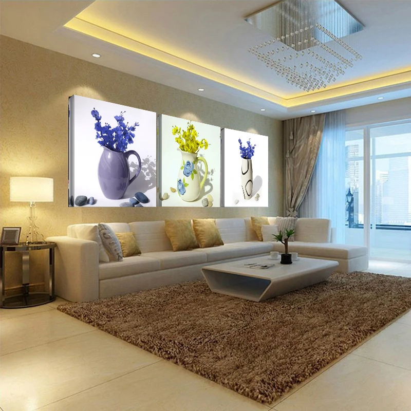 Three-picture Home Decor Creative Canvas Painting Combination Paintings Wall Pictures Living Room Wedding Blue vase flower | Дом и сад