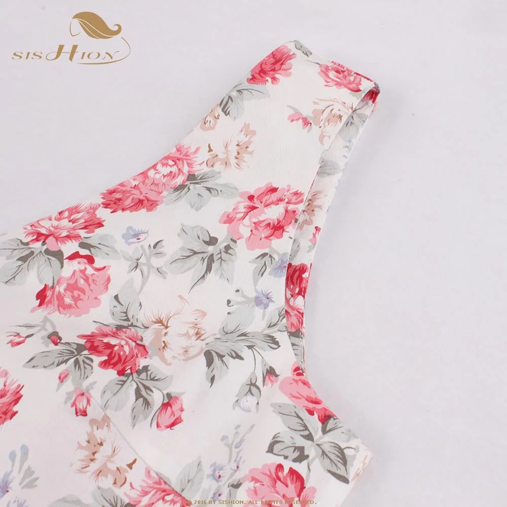 

SISHION Floral Print Summer Dress VD1059 jurken Women Sleeveless Sexy V Neck Elegant Swing Vintage Dress with Pockets