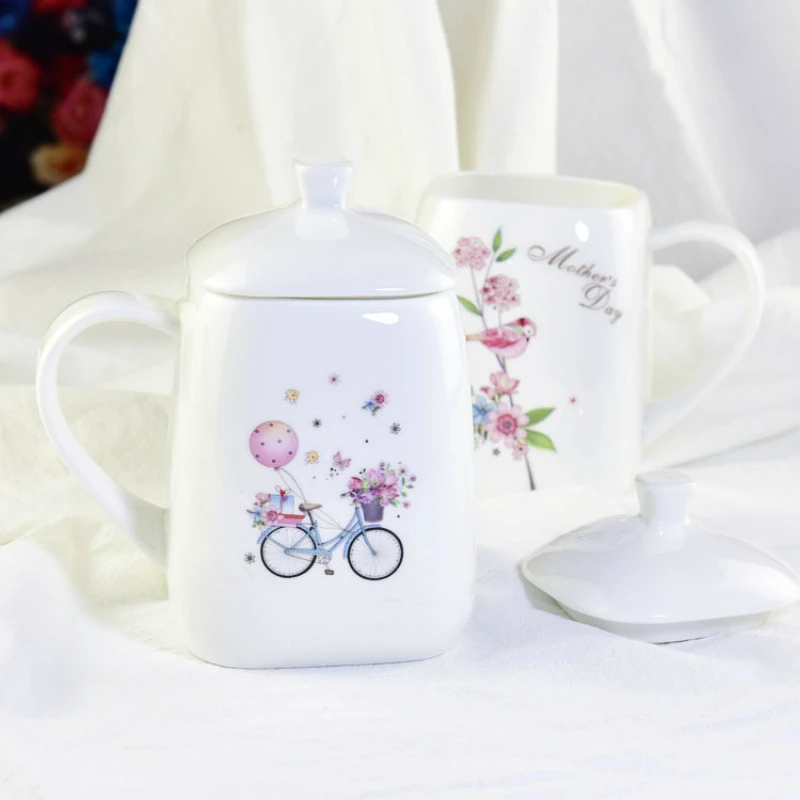 500ml Creative Square Mug Large-sized bone china cup with lid Ms. Gift Cup handle cover | Дом и сад
