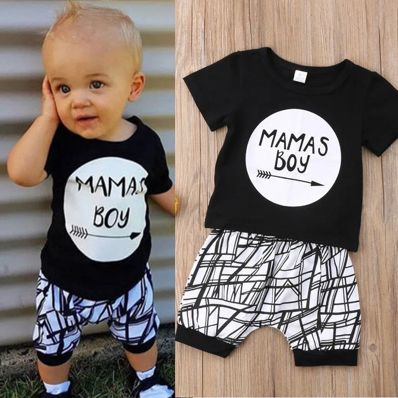 0-24M New Born Baby Clothes 2pcs Set Black Letter Print Tshirt For Boys White Stripe Pants Legging Newborn |