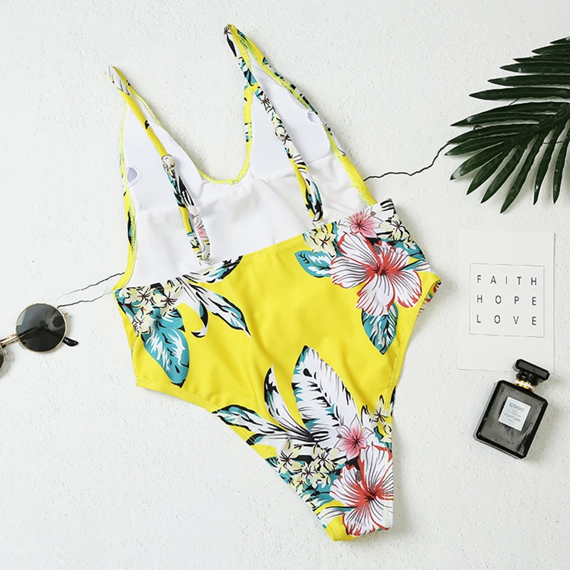 New Women Swimwear One Piece Swimsuit Retro White Yellow Print Ruffle Push Up Bathing Suit Female Sexy Beachwear Bodysuit | Спорт и