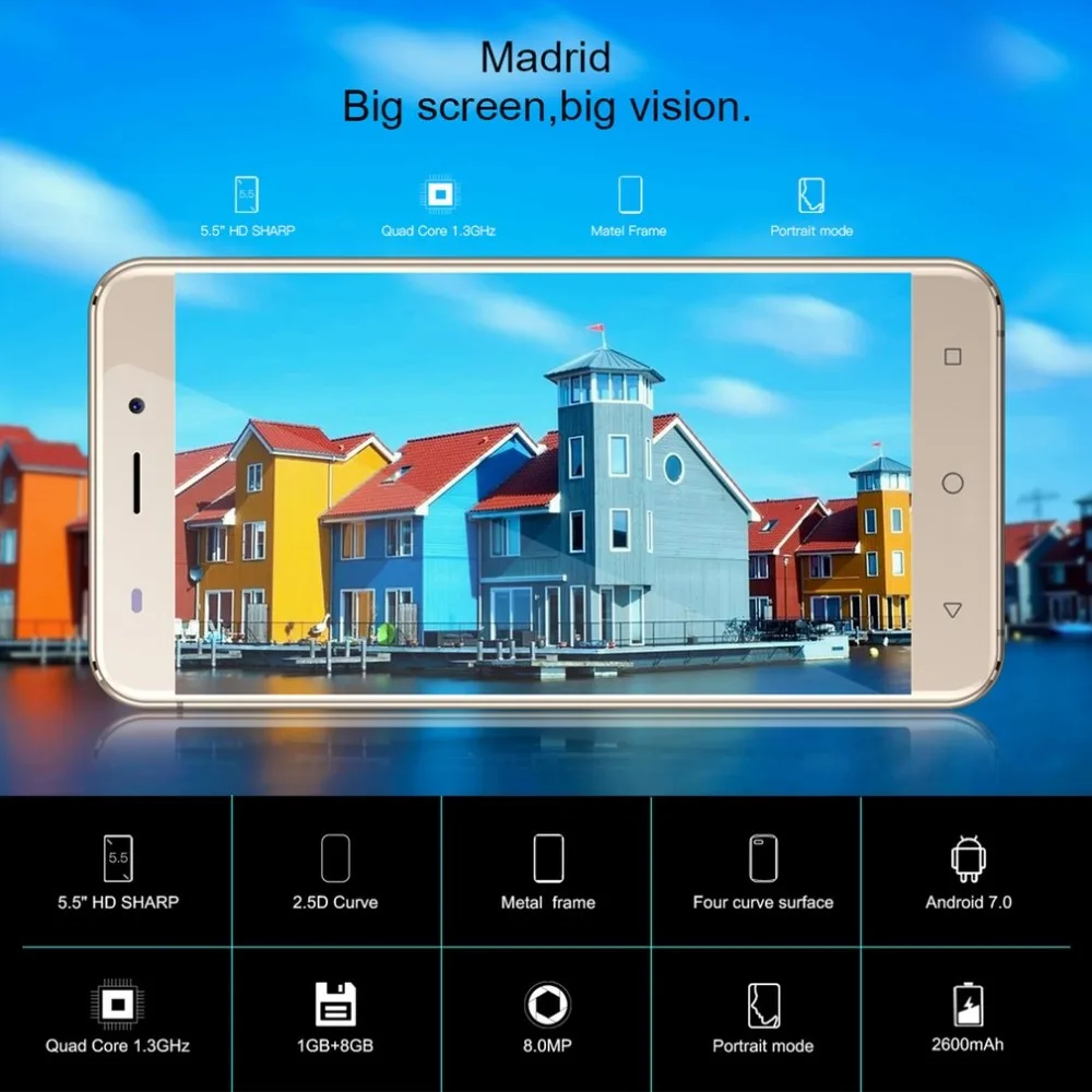 AllCall Мадрид 5,5 дюймов HD две sim-карты Android 7,0 смартфон MT6580 четырехъядерный 1 ГБ ОЗУ 8 Гб ПЗУ 8,0 МП 2300 мАч мобильный телефон