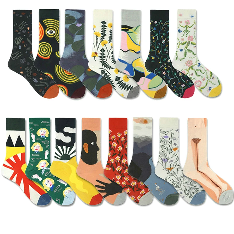 Happy Socks, женские носки из чесаного хлопка, Harajuku, цветные носки с мультипликационным принтом, милые забавные Kawaii, абстрактный узор, носки для подарка на Рождество