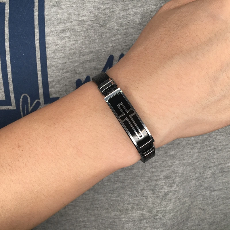 

Newest Vintage Men Jewelry PU Leather Bracelet Cross Bracelet Stainless Steel Buckle Mens Bangles Leather Rope Hand Chain PW704