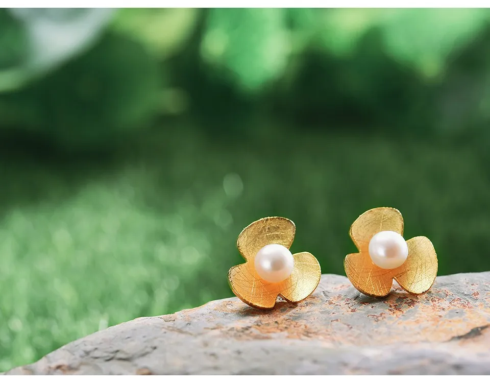 Lotus Fun, настоящее 925 пробы, серебряные серьги с натуральным жемчугом, хорошее ювелирное изделие, 18K золото, цветок клевера, серьги-гвоздики для женщин, Brincos