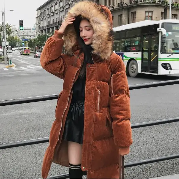 New High Quality Corduroy Hooded Coat Womens Winter Cotton Padded Jacket Warm parka long Loose end Student Outerwear A0804 | Женская