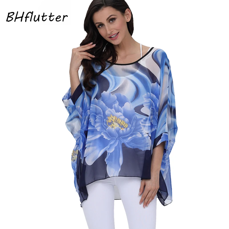 Женская шифоновая блузка с круглым вырезом и цветочным принтом|womens tops and blouses|chiffon
