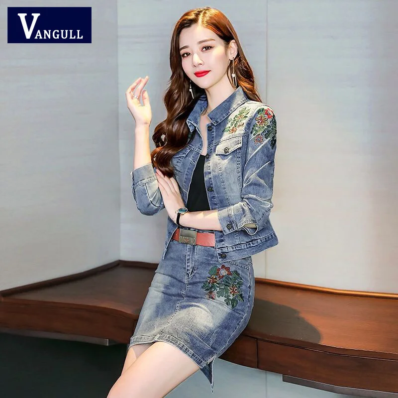 Vangull 2019 Осенняя Женская Цветочная джинсовая куртка с вышивкой юбка костюм