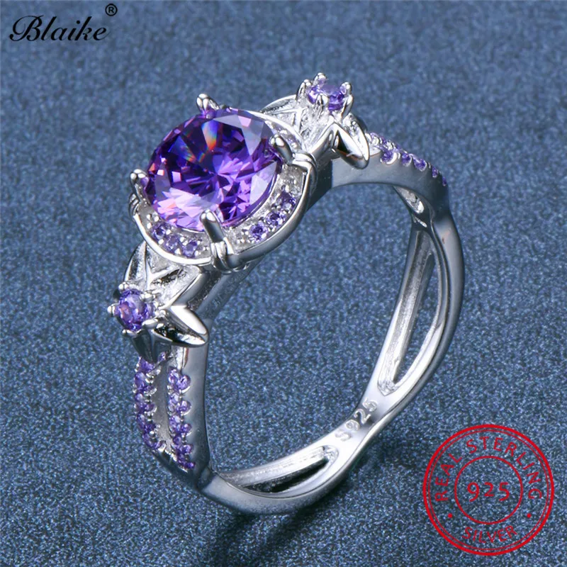 Blaike,, настоящее 925 пробы, серебро, имитация александрита, Джун, камень, кольца для женщин, светильник, фиолетовый циркон, звезда, цветок, кольцо
