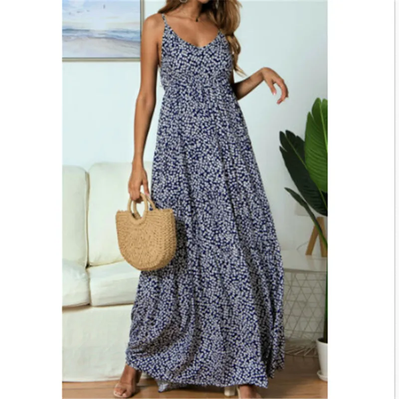 Summer Beach Long Dress Women Floral Print Boho Red Blue Maxi Casual V-Neck Sexy Spaghetti Strap Dresses For | Женская одежда