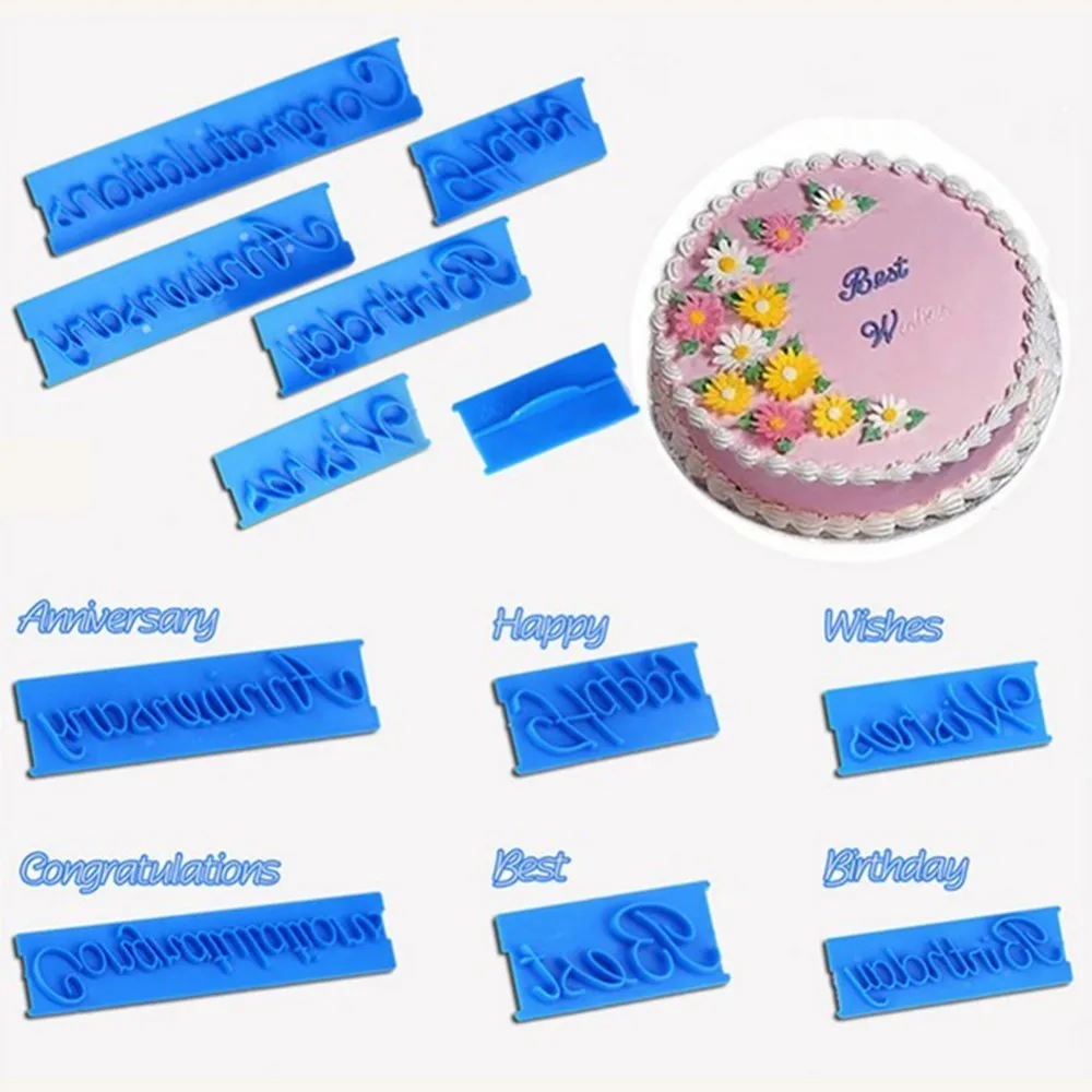 

6 Pcs/set Handwriting Letters Mold Fondant Cake Embosser Printing Happy Birthday Embosser Cake Plastic Mold Cookie Cutter Mold