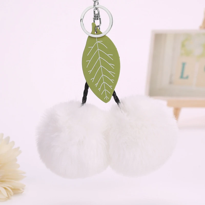 2017 New Arrival Cherry Keychain Natural Rabbit Fur Silver KeyRing Women Double Ball Pompon Key Chain Phone Bag Pandent Female | Украшения