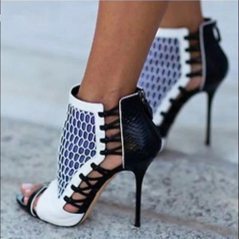 Botines Mujer 2019 Sexy Summer Leather High Heel Open Toe Pumps Boots Woman Patchwork Cut-Outs Stilettos Shoes